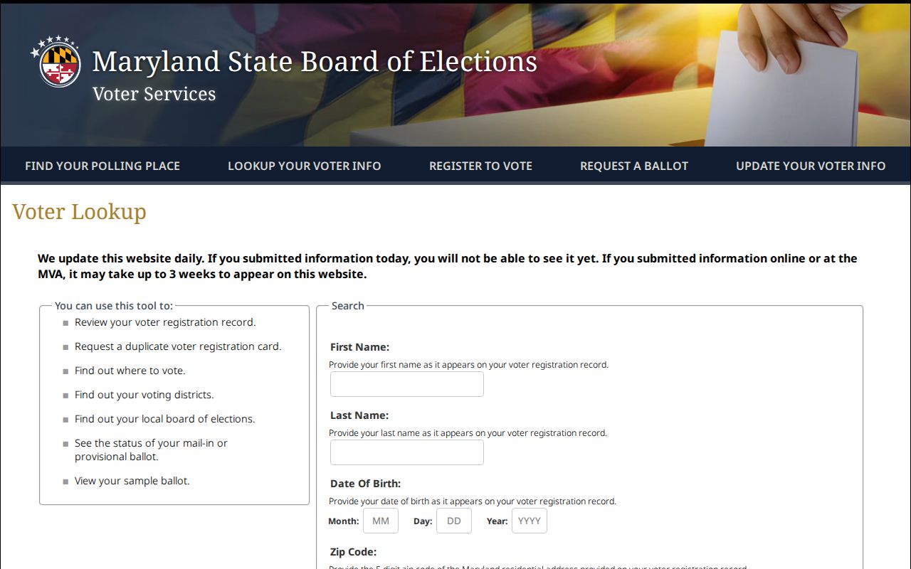 Bethesda voter registration records Maryland lookup screen